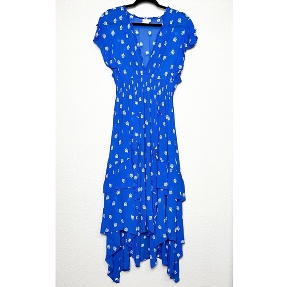 SHOSHANNA‎ Cobalt Floral Embroidered Asymmetric Hem Ruffle Tier Maxi Dress 14 - Picture 5 of 14